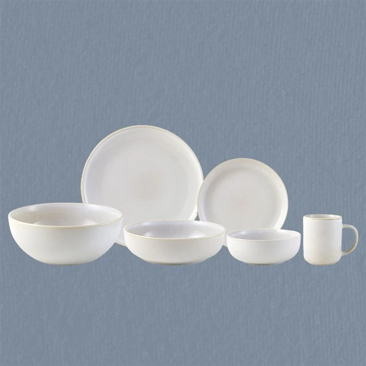 Juego de platos, tazones y tazas reactivos redondos de porcelana azul y crema Urban Elegance