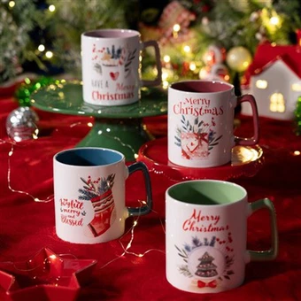 Juego de 4 tazas de café navideñas|Tazas de cerámica con tema navideño de 11 onzas cada una