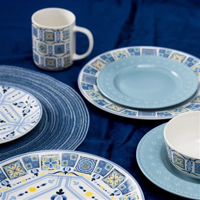 Geometría mediterránea Juego de vajillas de 16 piezas|Patrones de mezcla y combinación azul y verde