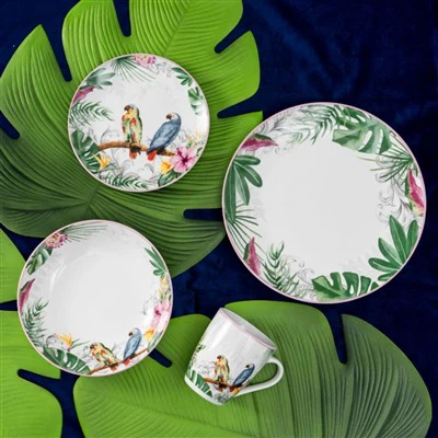 Set de vajilla de porcelana tropical de 16 piezas|Servicio para 4|Fiesta de la jungla vibrante