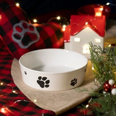 Cuenco de cerámica para mascotas WWS (10,5 pulgadas) Diseño minimalista de huellas de patas|Porcelana pesada antideslizante-